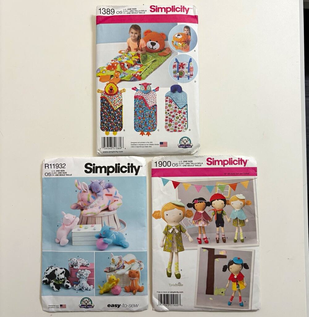 3 Simplicity Sewing Patterns Bundle Plush Animals Dolls Child Nap Pack 1389 1900